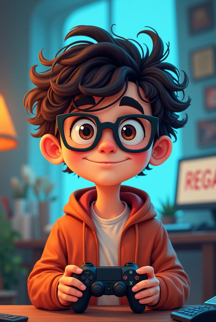  Curly-haired boy with glasses and wavy cartoon-style hair, in a gamer set and that looks like the  of 15- yet looks cartoon style and not 3D, do it with very little acne, that the lenses are shaped like "D" and non-circular



