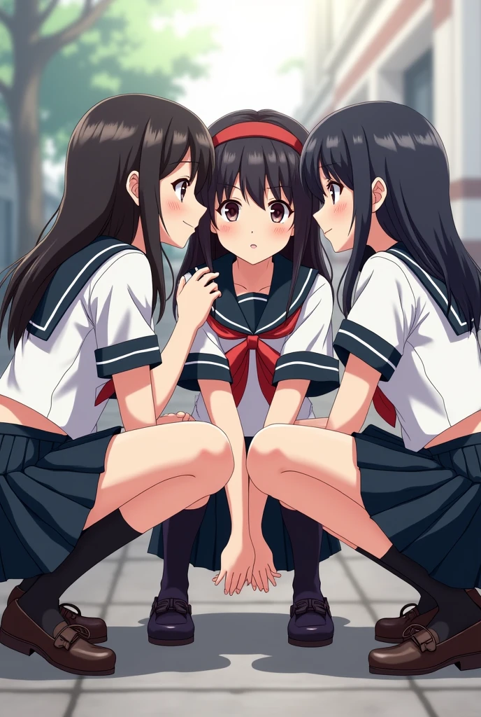 Group of  girls in black skirts crouching in anime