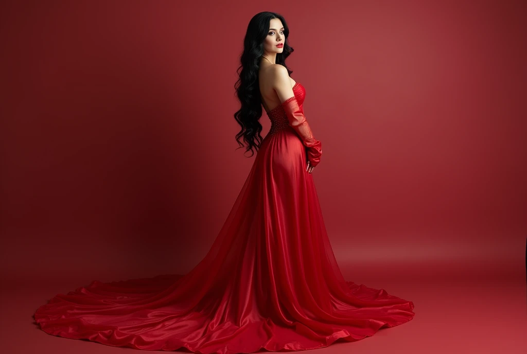 a woman in the sheer red gown, transparent fabric, full body,long black hair,wear satin gloves,nipple on, wear sexy corset, mermaid tight long gown, flowy dramatic long gown, double cloth train ( 4 meter long ),full body pose, random pose,wear high heels, masterpice, 4k resolution, ultra-realistic, highly detail.