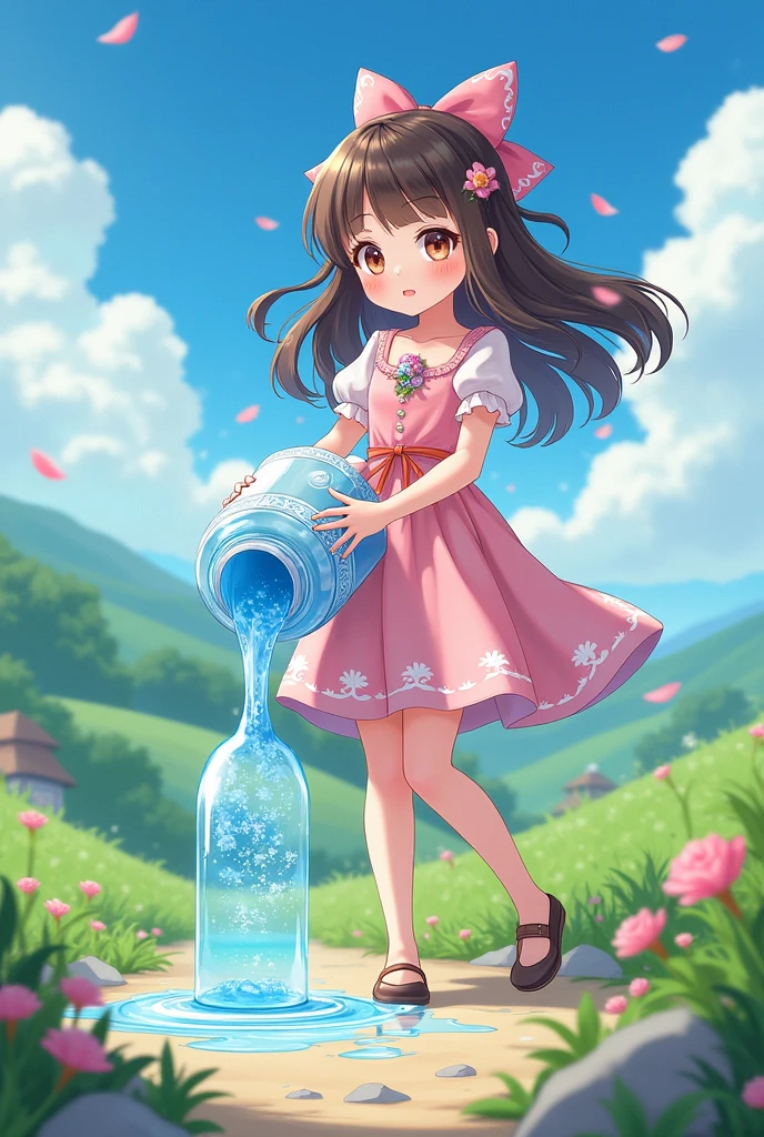 anime girl pouring water bottles at the ground
