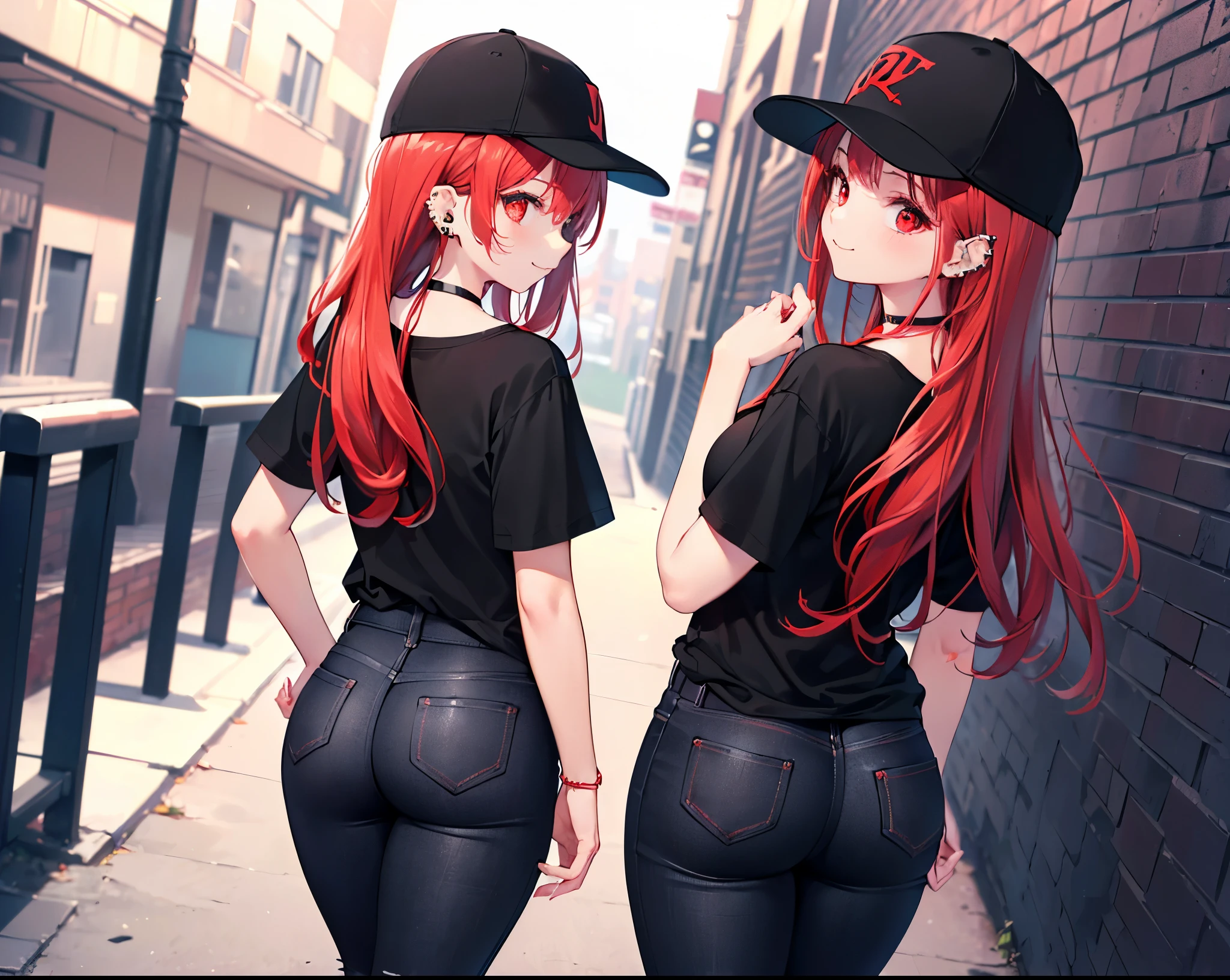 (Close-up:1.3),Realistic,Highest quality, Ultra Detail, High-quality CG rendering, The most delicate and beautiful, Floating softly, High resolution, (1 girl), (Highest quality,4K,8k,masterpiece:1.2),(All red hair:1.5), (semi-long:1.5),(Red eyes:1.5),(Slightly larger breasts:1.2), (Oversized black short sleeve t-shirt:1.5),(Black skinny jeans:1.5),(Black baseball cap:1.5),In the city,old buildings,Narrow back alley,(Turn your back to your audience:1.3),Butt,smile,(Piercing in left ear:1.3),(Pitch black choker:1.5),(White sneakers:1.3)