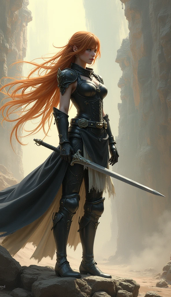 Theme of the game Final Fantasy. Image of a bronze-haired girl standing holding her favorite sword, wearing light armor in black and white, pastel colors, and dramatic tones. A masterpiece with the highest resolution , Image type semi-realistic