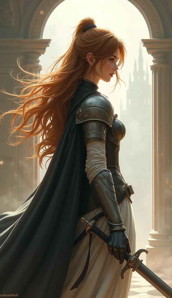 Theme of the game Final Fantasy. Image of a bronze-haired girl standing holding her favorite sword, wearing light armor in black and white, pastel colors, and dramatic tones. A masterpiece with the highest resolution , Image type semi-realistic