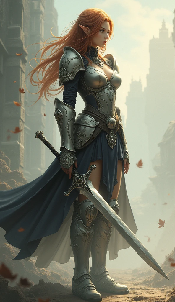 Theme of the game Final Fantasy. Image of a bronze-haired girl standing holding her favorite sword, wearing light armor in black and white, pastel colors, and dramatic tones. A masterpiece with the highest resolution , Image type semi-realistic