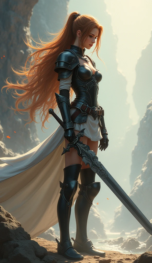 Theme of the game Final Fantasy. Image of a bronze-haired girl standing holding her favorite sword, wearing light armor in black and white, pastel colors, and dramatic tones. A masterpiece with the highest resolution , Image type semi-realistic