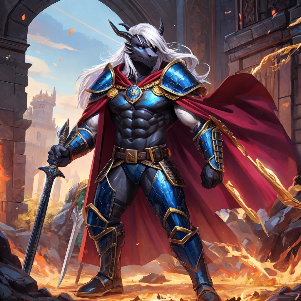 Anthro ice dragon with black scales and purple plates, muscular body. long white hair. 7.3 ft tall. blue eyes, Commander of the Imperial Guard, wearing a gold plate armor and redd cape with a bare left arm and with a black sword of the champion on my belt , My right eye is covered by eye patch leather straps