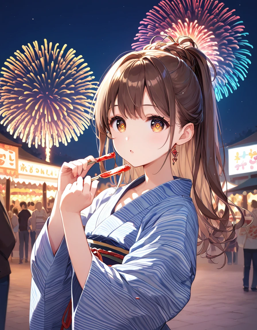 score_9, score_8_wonderful, score_7_wonderful,sauce_anime, High-resolution images,masterpiece,Highest quality,Orthodox beautiful girl,Cute Face,Brown Hair, Beautiful Skin,Shiny Hair,Highly detailed eyes,Fireworks festival background、yukata、Pulling up your hair