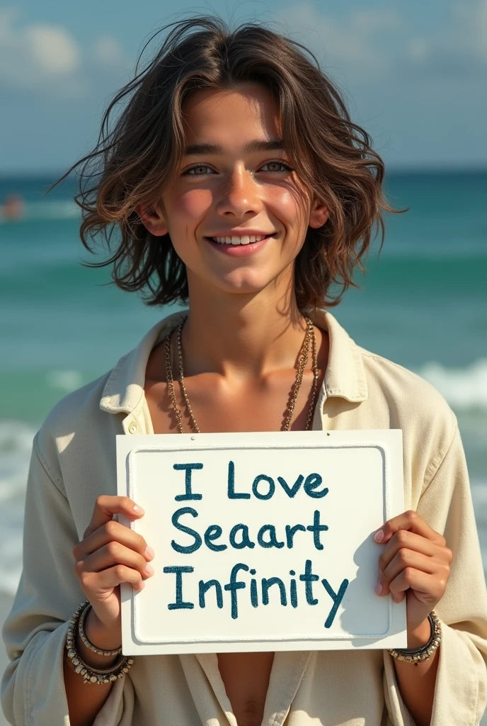 Beautiful boy with wavy long hair, bohemian dress, holding a white board with text "I Love Seaart Infinity" and showing it to the viewer