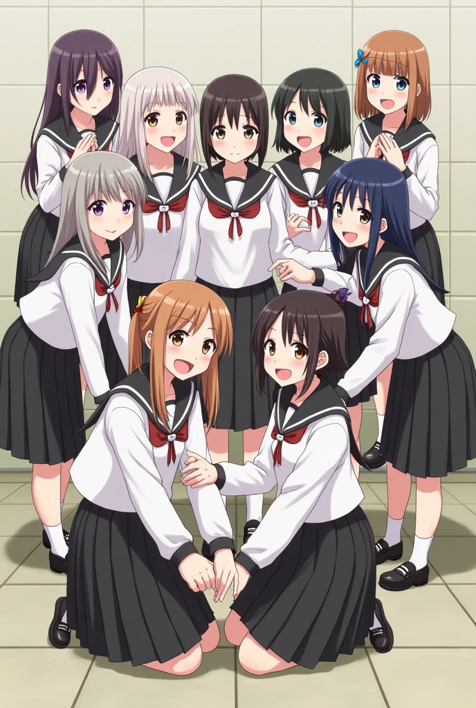 Sayori Natsuki Monika and Yuri fighting over who gets to stay with MC then they hit each other, she gets angry and kicks each other, MC arrives and sees everything and stops them, Yuri gets angry, pushes Natsuki and hits herself on the desk