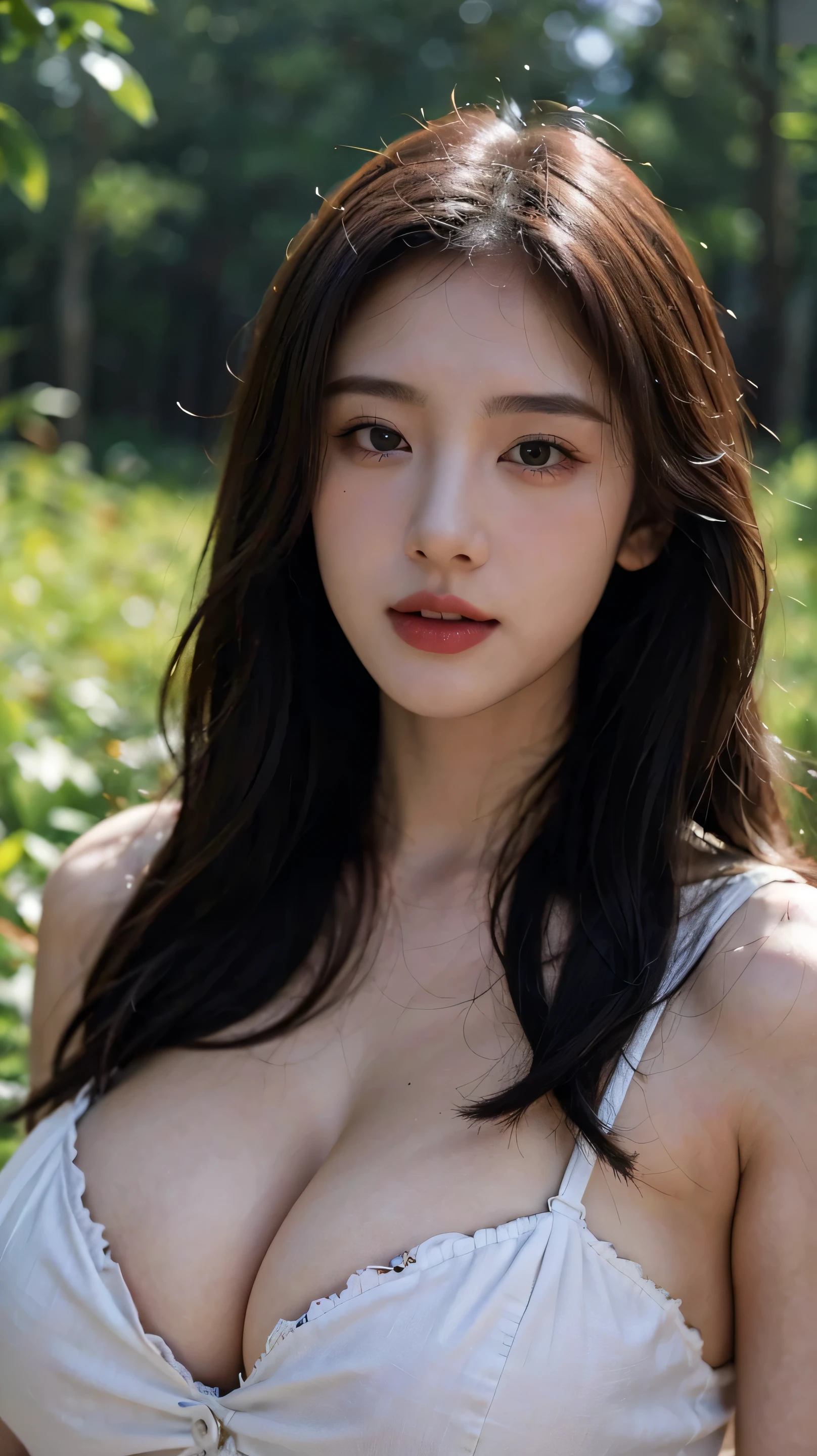 (best quality,8K、realism,ultra high resolution:1.2),(pretty face),(huge breasts:1.5)，Ancient costume,lie next to you，in the woods，