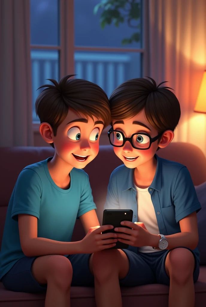 Two age boys, Looking at a smartphone in the living room, DisneyPixarの漫画ポスターを作成する. Pixar, Disney, Are thin, white, Straight hair, long and short, expressive eyes and smiles, Blue Shirt. He's a fat boy., smile, He wears glasses.、Has short brown hair. Depict this scene from the perspective of someone facing the phone, smileでつながりを見せよう. Develop this art in full HD, Focus on the cinematic touch, Disney/Pixarアニメーションスタイ縦1920 Create a 1080-size image