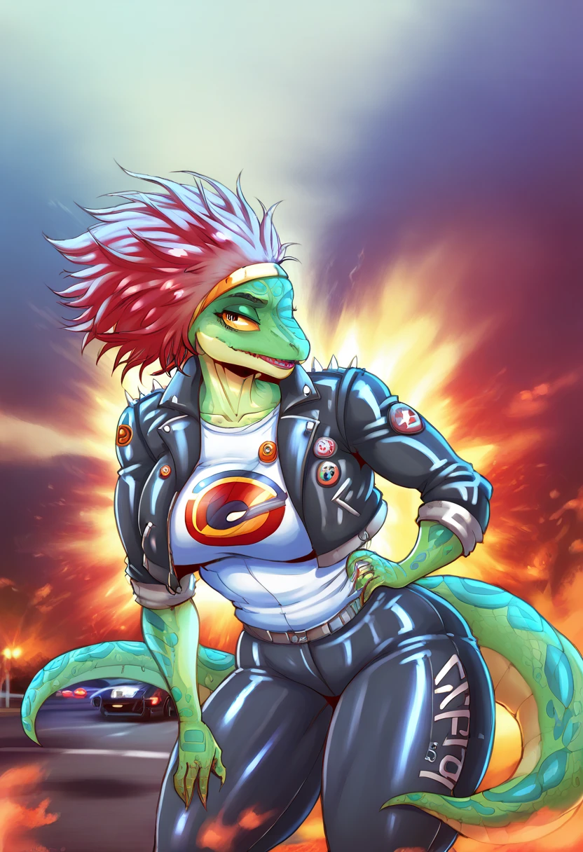 Lizard,reptile,mondo gecko,hairline,spiked hair,woman,skater suit,cool jacket,blue t-shirt,jade scale skin,sexy mood,after battle ,revenge lady,vengeance,90’s cartoon style,road background,8K,FullHDR,perfect quality,evening settings,detailed poses,dynamic poses