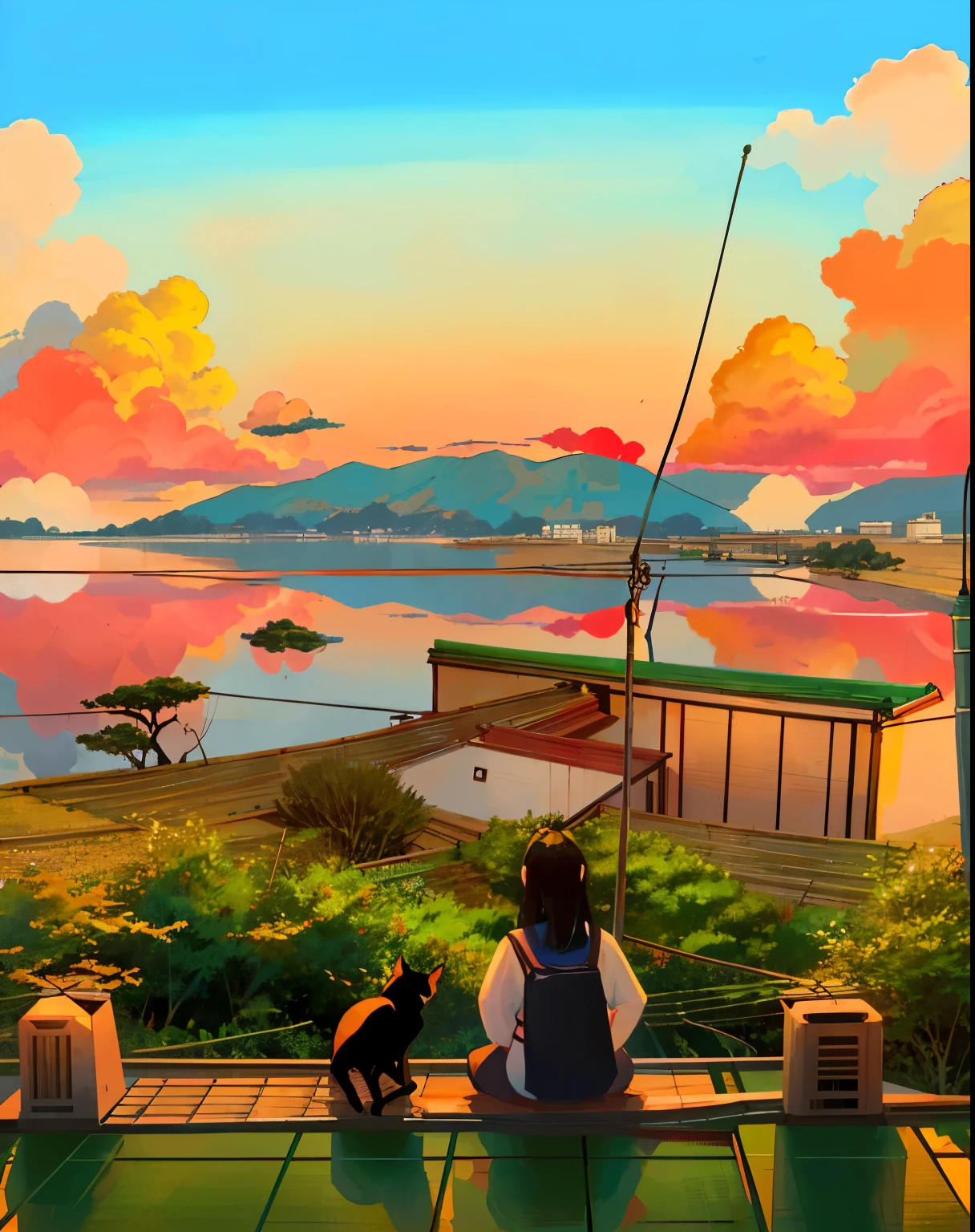 There is a woman sitting on a shelf with a cat, ehime, japan shonan enoshima, kamakura scenery, by Nishida Shun'ei, by Central Plains Nantianfang, by Maeda Masao, beautiful iwakura, by Naondo Nakamura, by Rei Kamoi, by Miyamoto, by Kamagurka