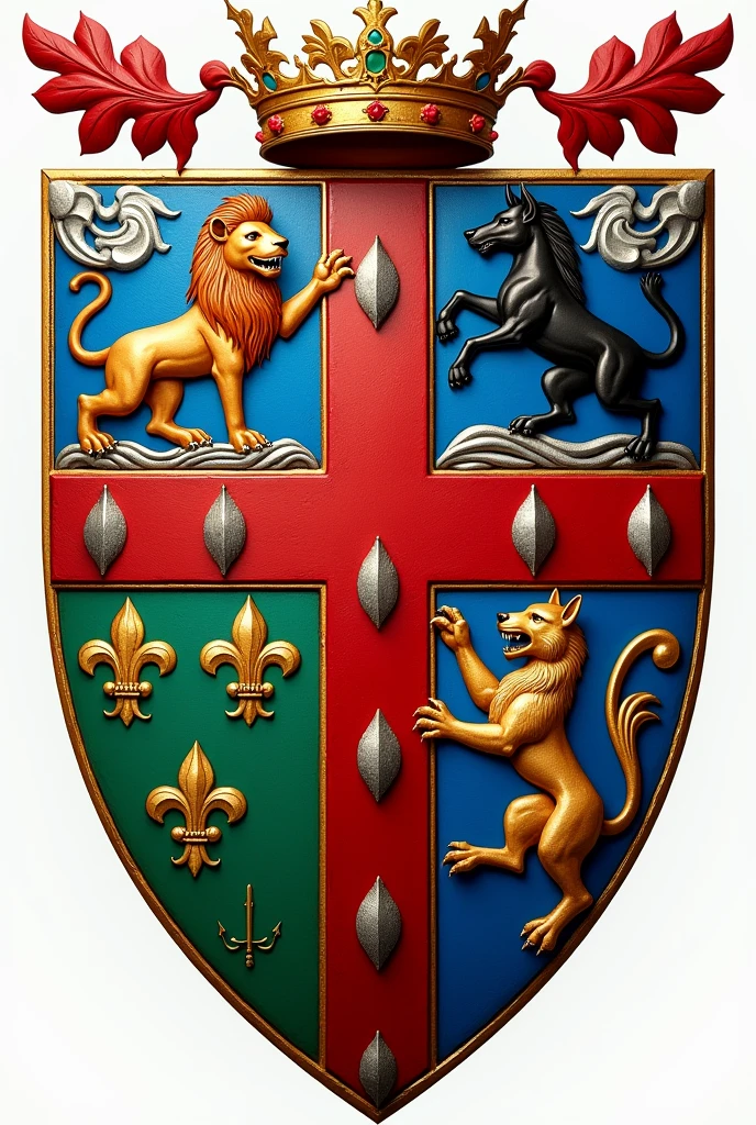 Create a shield for the Bolaños and Chacon families, with a red Calatrava cross charged with five silver scallops and azure and silver wave tips, rampant lion and the green tablecloth, silver goat on a field of gold, golden fleur-de-lis and a black wolf of saple, with the colors red, dorado, blue and green