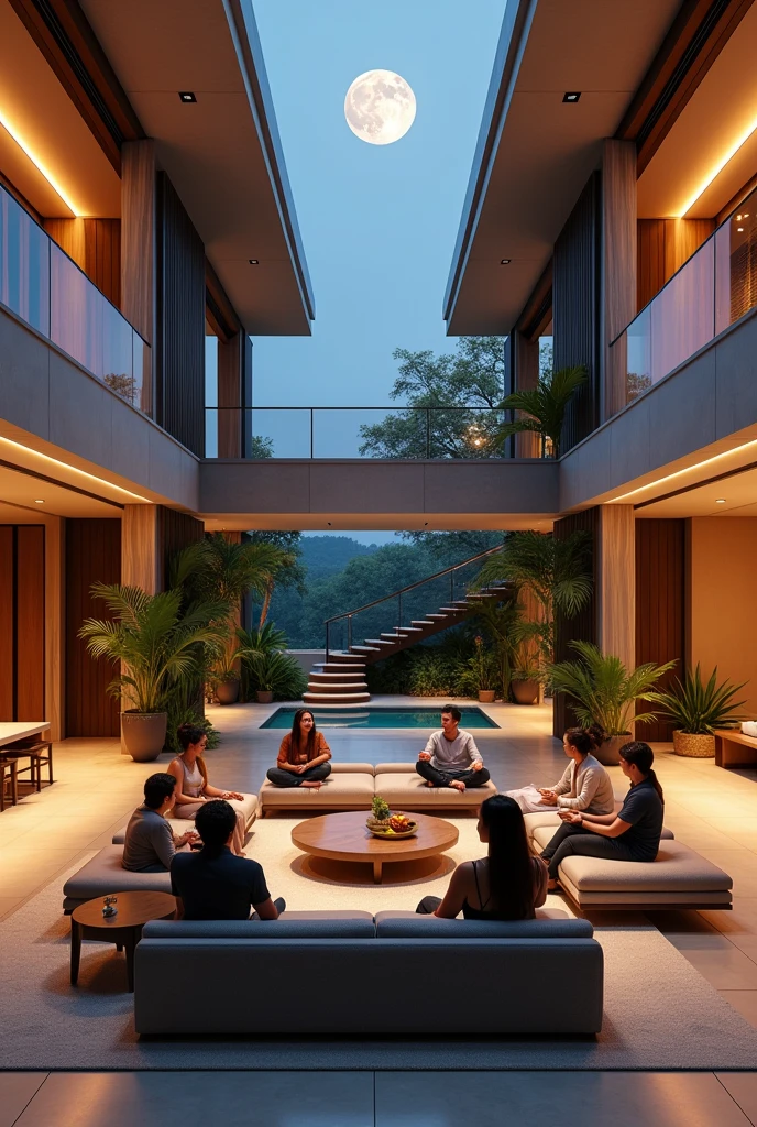 a big villa, seven people on the L-shape sofa talk at ease ,wide open lobby and loft, lighted up by indirect illumination, glazing, photo realistic, foliage plant, stairwell, moonlight from skylight