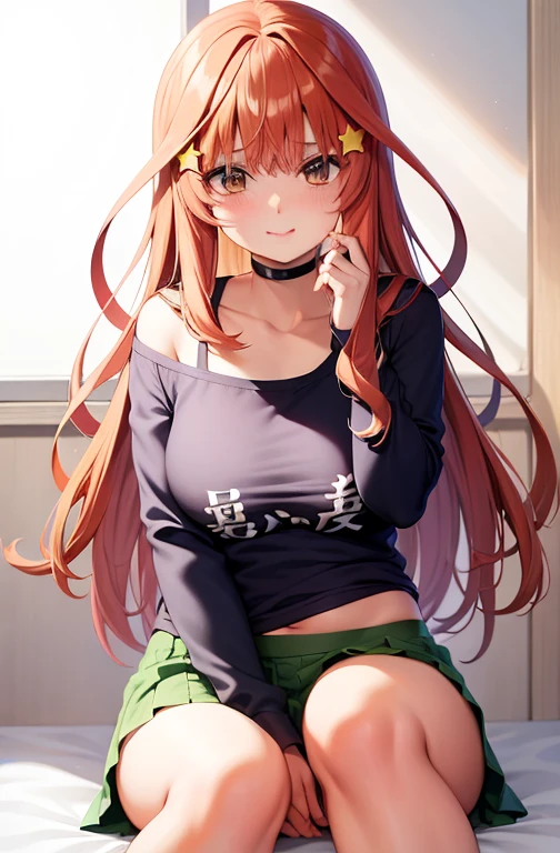 （赤い髪と青い目をしたAnime Girls）, Loose mid-cut T-shirt,((I can see my belly button))、No underwear, ((Short-sleeved shirt showing shoulders)), (Micro Mini Skirt:1.2),魅力的なAnime Girls, Anime Girls con pelo largo, 美しいAnime Girls, かわいいAnime Girls, Anime Girls, かわいいAnime Girls, 最高のAnime Girls, Moe anime art style, visual anime of a cute girl, 肖像画のAnime Girls, Anime Girls, 魅惑的なAnime Girls, (Anime Girls), 若いAnime Girls、Yellow star hair ornament