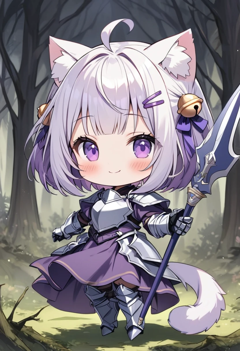 master piece, best quality, ultra-detailed, illustration, 1girl, solo, chibi, (big head), cute pose, front view, looking at viewer, ((full body Close up)), filian, filianoverall, Filiansailor, ((white hair)) , short hair, shoulder length hair, fly-away hair, bangs, (purple hair ornament:1.3), (purple hairclip:1.3), cat ears, (hair bell:1.3) ahoge, purple eyes, blush, smiling, fluffy tail, ((spear knight outfit)), knight's armor, metal breastplate, armored gloves, holding a spear , metal greaves, armored boots, spooky forest background, gloomy atmosphere, broken trees