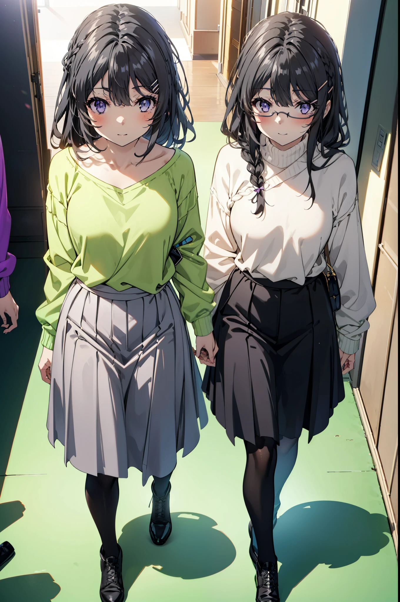 maisakurajima, mai sakurajima, Long braids, bangs, (Black Hair:1.5), hair ornaments, (Purple eyes:1.1), Hair Clip, rabbit hair ornaments,smile,blush,Glasses,One-shoulder sweater,Long skirt,Black pantyhose,short boots,Daytime,Clear skies,Walking,whole bodyがイラストに入るように,
break indoors, University corridor,
break looking at viewer, whole body,
break (masterpiece:1.2), Highest quality, High resolution, unity 8k wallpaper, (figure:0.8), (Beautiful attention to detail:1.6), Highly detailed face, Perfect lighting, Highly detailed CG, (Perfect hands, Perfect Anatomy),