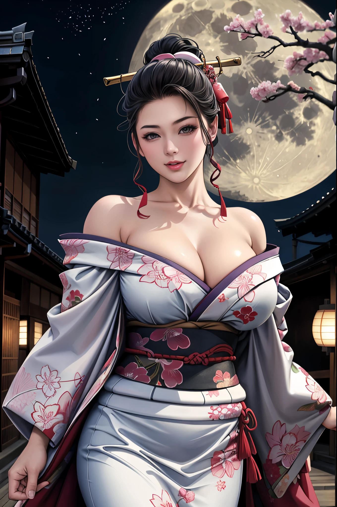 (Browsing Caution), (RAW Photos), (Realistic), (Photorealistic), Ultra-high resolution, masterpiece, Highest quality, Portraiture, facial Portraiture, Perfect lighting, Detailed lighting, Dramatic Shadows, Ray Tracing, Pure Eros Face_v1, Urzan-6500-v1.1, ((smile)), ((upper body:1.2)), ((random sexy pose)), looking at viewer, ((wearing a kimono)), ((off shoulders kimono)), ((holding a Japanese Katana)), ((in old Japanese street)), ((night)), ((full moon)), ((background with Cherry blossom)), ((Japanese tattoo)),