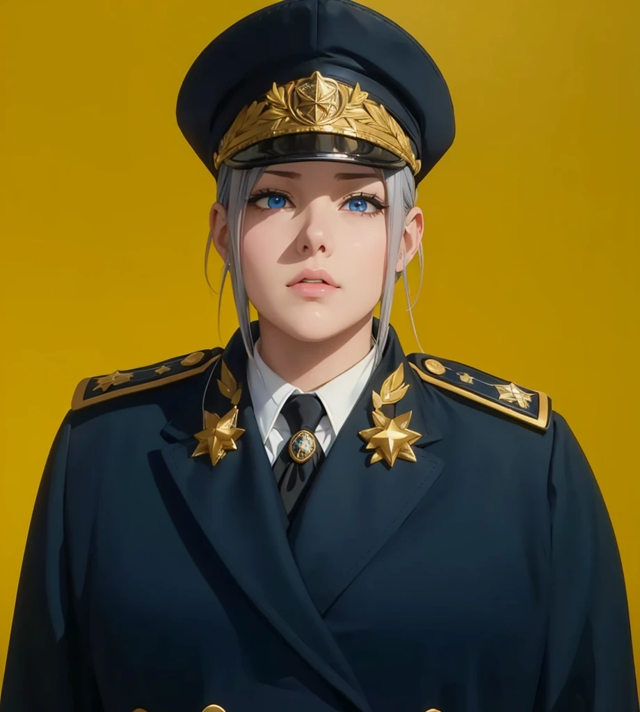 Female, (exceptional, best aesthetic, new, newest, best quality, anime, waifu:1.2), master piece, best quality, absurdres, highres, good anatomy, serious face, ultra detailed, (1girl:1.3), colored, 1 girl, female, blue eyes, grey hair, peaked cap, red part on the cap, star insignia on the cap, coat, golden shoulder piece, lautel leaves, inside white shirt, black tie, star badge on the tie, looking directly at user,