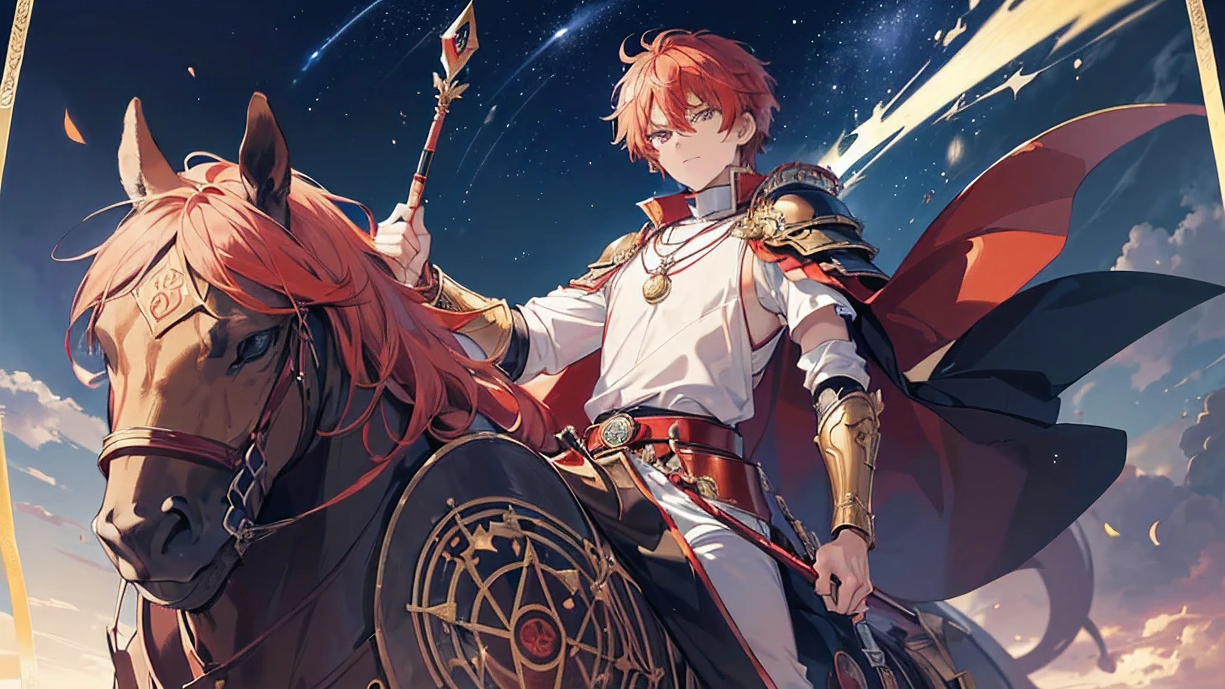 (masterpiece:1.2) Superb quality from the god of art, Very detailed, High resolution, Anime art style, Best Anime 8K , pixiv Contest Winner, Perfect Anatomy ((((Major Arcana Love)))) (((triumph magic circle background))) ((Red Eye Red hair center center close-up)) ((King of Victory , conqueror)) ((Star crown)) (((The young man riding upright on the chariot is clad in armor.、Confident、Now I am looking straight ahead at the path forward.))) (((The wand he is holding is、It shows that he is a man of passion and courage.、It also represents the drive to move forward vigorously towards one's ideals.))) (Sphinx) incantation Runes Shining Background Shining Edges 16:9 Image Sizes