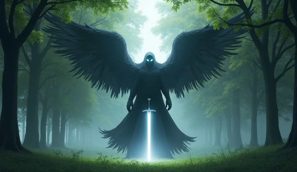 a very dark black shadow with glowing eyes and a white sword and glowing wings in a park sitting