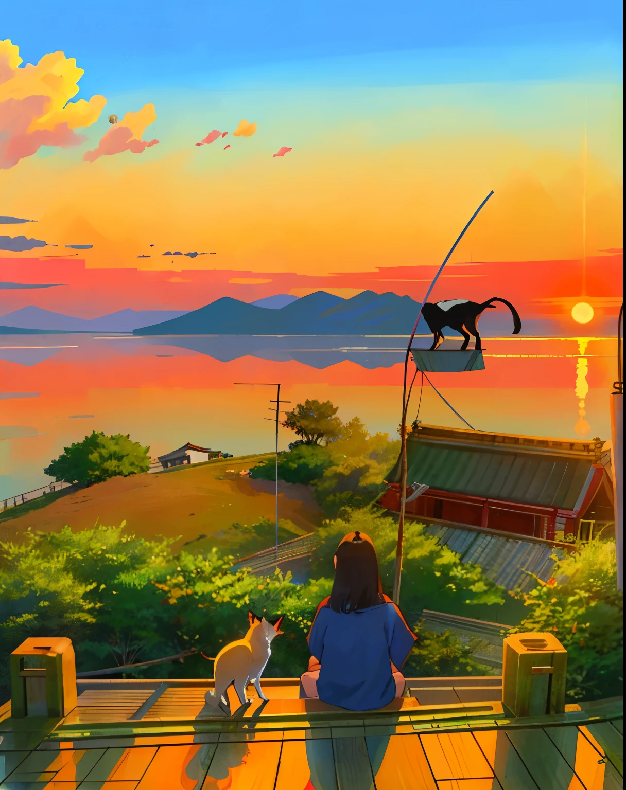 There is a woman sitting on a shelf with a cat, ehime, japan shonan enoshima, kamakura scenery, by Nishida Shun'ei, by Central Plains Nantianfang, by Maeda Masao, beautiful iwakura, by Naondo Nakamura, by Rei Kamoi, by Miyamoto, by Kamagurka