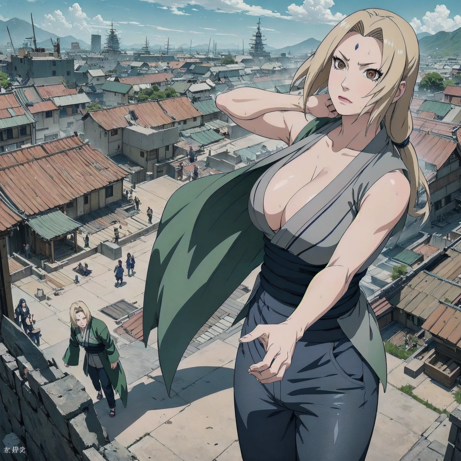 (masterpiece, highest quality:1.2), alone, One Girl, Tsunade Defense, Forehead mark, View your audience、((Battle Scenes、Fighting Pose、Sweat、Rocky area、wood、Clear sky、Ruined City、Spectators、Navy blue pants、Green haori、No sleeve、Torn clothes、Large areola、chest))、Beautiful girl with beautiful details, Professional photography illumination, Highly detailed eyes and face, Beautiful eyes in every detail、Beautiful detailed hair, Beautiful and exquisite cold face、アニメ、((No sleeve、Armpit))