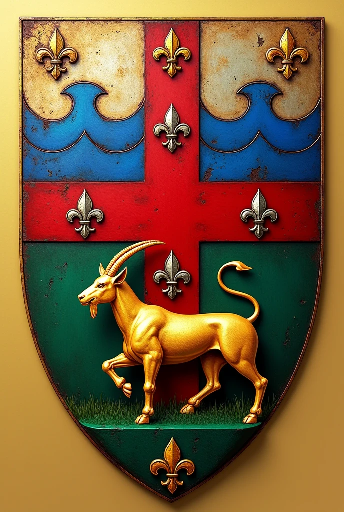 Create a shield for the Bolaños and Chacon families, with a red Calatrava cross charged with five silver scallops and azure and silver wave tips, rampant lion and the green tablecloth, goat on a field of gold, golden fleur-de-lis and a black wolf of saple, with the colors red, dorado, blue and green