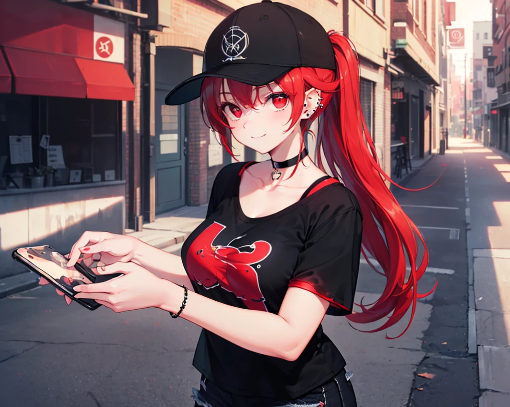 (Close-up:1.3),Realistic,Highest quality, Ultra Detail, High-quality CG rendering, The most delicate and beautiful, Floating softly, High resolution, (1 girl), (Highest quality,4K,8k,masterpiece:1.2),(All red hair:1.5), (semi-long:1.5),(Red eyes:1.5),(Slightly larger breasts:1.2), (Oversized black short sleeve t-shirt:1.5),(Black skinny jeans:1.5),(Black baseball cap:1.5),In the city,old buildings,Narrow back alley,smile,(Piercing in left ear:1.3),(Pitch black choker:1.5)