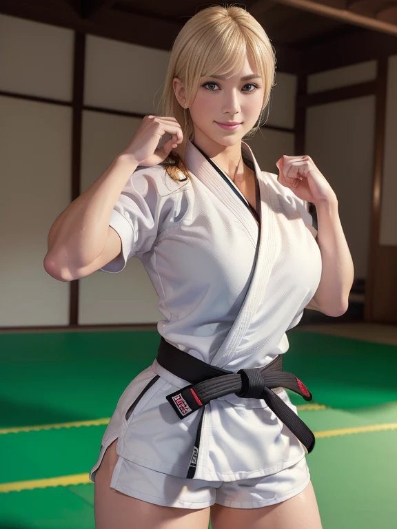 (8k, RAW Photos, A masterpiece of quality: 1.2), (Realistic, photoRealistic: 1.37), ((A little bit of cleavage 1.3)),Female Judo Athletes, ((Big Breasts 1.2)), ((Blonde 1.6)), Mid-length hair, ((Sweaty 1.5)), ((Shiny skin 1.4)), Judoka, ((A beautiful face like a Japanese actress 1.3)),(((White short-sleeved judo uniform with black belt))) , ((White shorts)),alone, Are standing, Long Shot, (Full Body Shot: 1), Glamorous Body,((Slender body)),View your viewers, Photo shoot pose, Firm posture, Long Shot photography, Detailed face, (smile), (Perfect Eyes) ,(Perfect hands) (Perfect Fingers), (Perfect legs),(Thighs), (Full body photography: 1).
