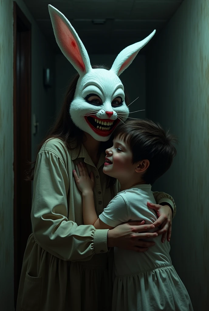 Psycho girl with a bunny mask killing a  boy
