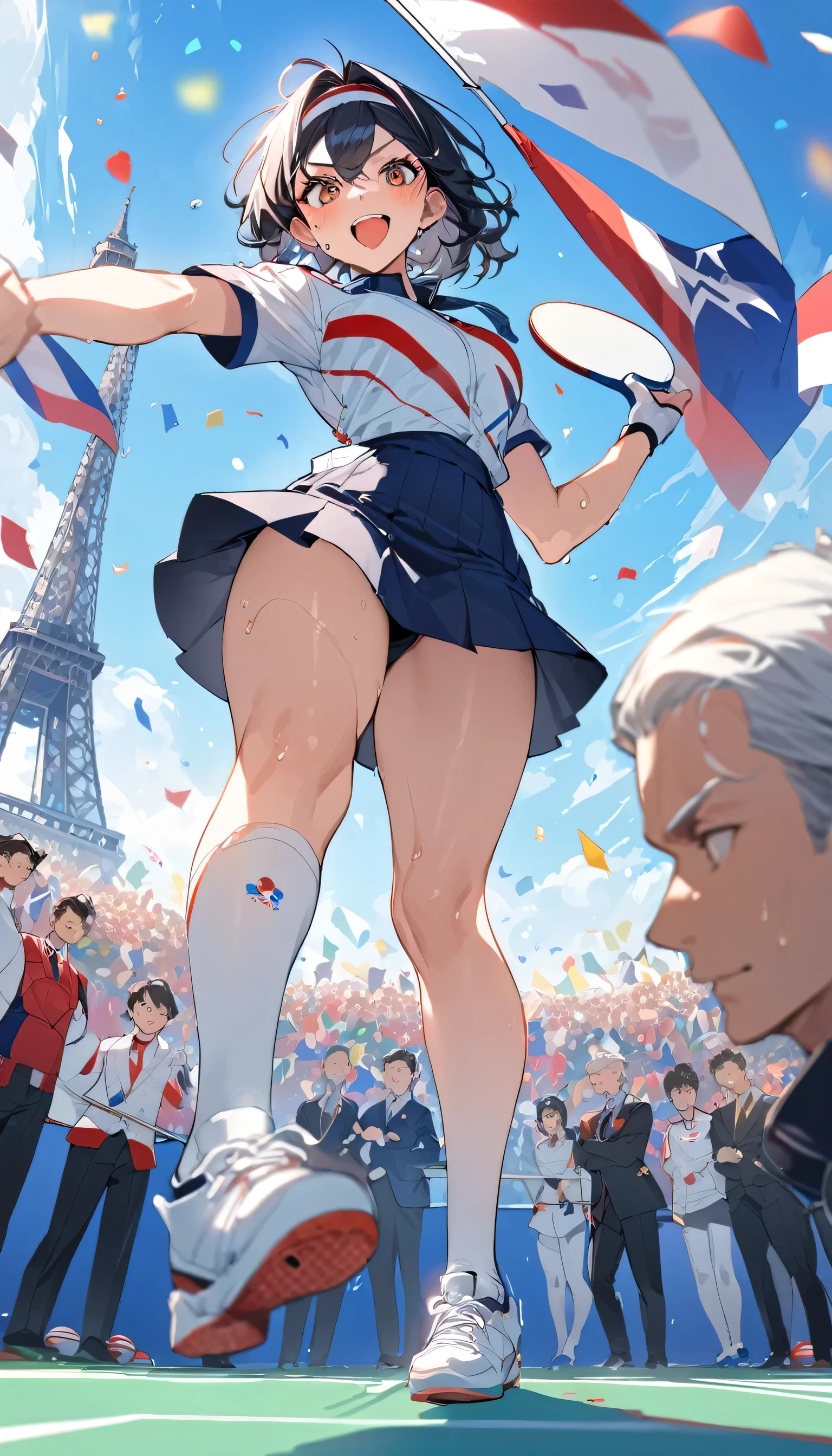 best quality, Good quality, 16K, Unbelievably ridiculous, Very detailed, 2.5D, Delicate and dynamic, Blue sky , table tennis, Table tennis competition,拿table tennis拍,Tight sportswear,table tennis拍击球,Sweat,Short skirt,sexly的17岁女孩,挥动table tennis拍,Olympic,Olympic Games uniforms,Big ,sexly,Hit Ping Pong,Headband,Vision,whole body,crowd,A lot of people, Colorful contrails, Confetti, Olympic flag, crowd, audience, A lot of people々, gentlemen.々Race, gentlemen.々age, men and women, gentlemen.々nationality, Many flags,Under the Eiffel Tower,