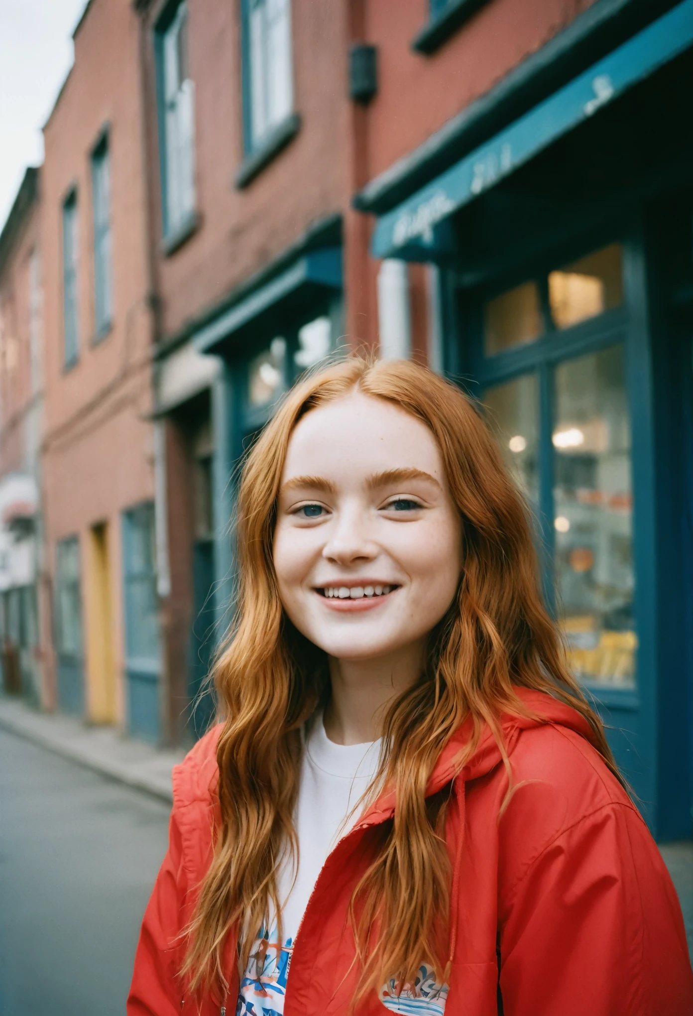 35mm, Fuji Superia 1600, ISO-1200, f/1.2, 0, 1/60, a close-up portrait of ((((ohwx woman:1.3)))), with long red hair, wearing a windbreaker and a white t-shirt underneath, ((lora:Polaroid Type_600_B_1.1:1)), in front of a restaurant in a small town alley, playfully smiling at the camera