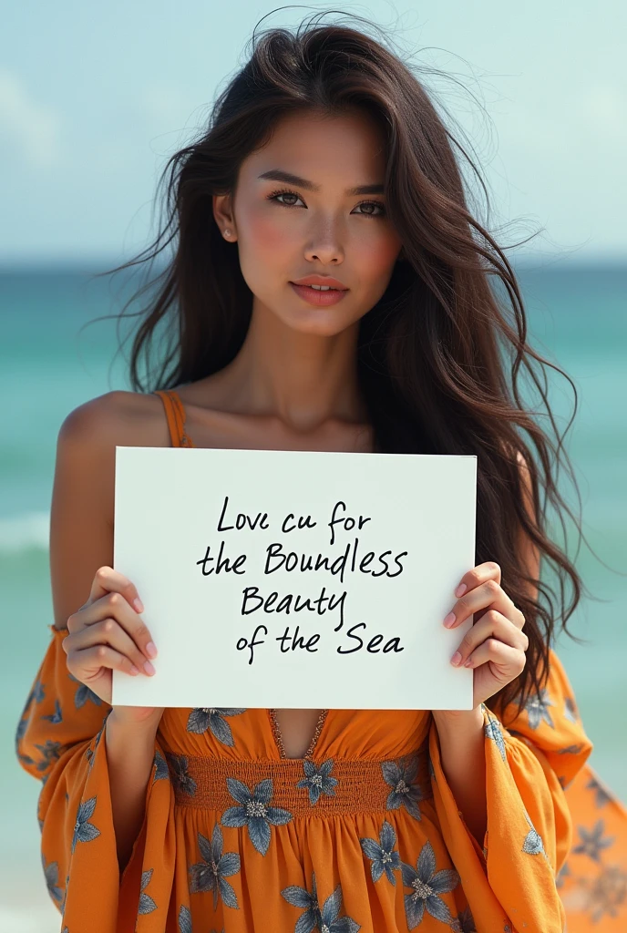 Beautiful girl with wavy long hair, bohemian dress, holding a white board with text "I Love Seaart Infinity" and showing it to the viewer