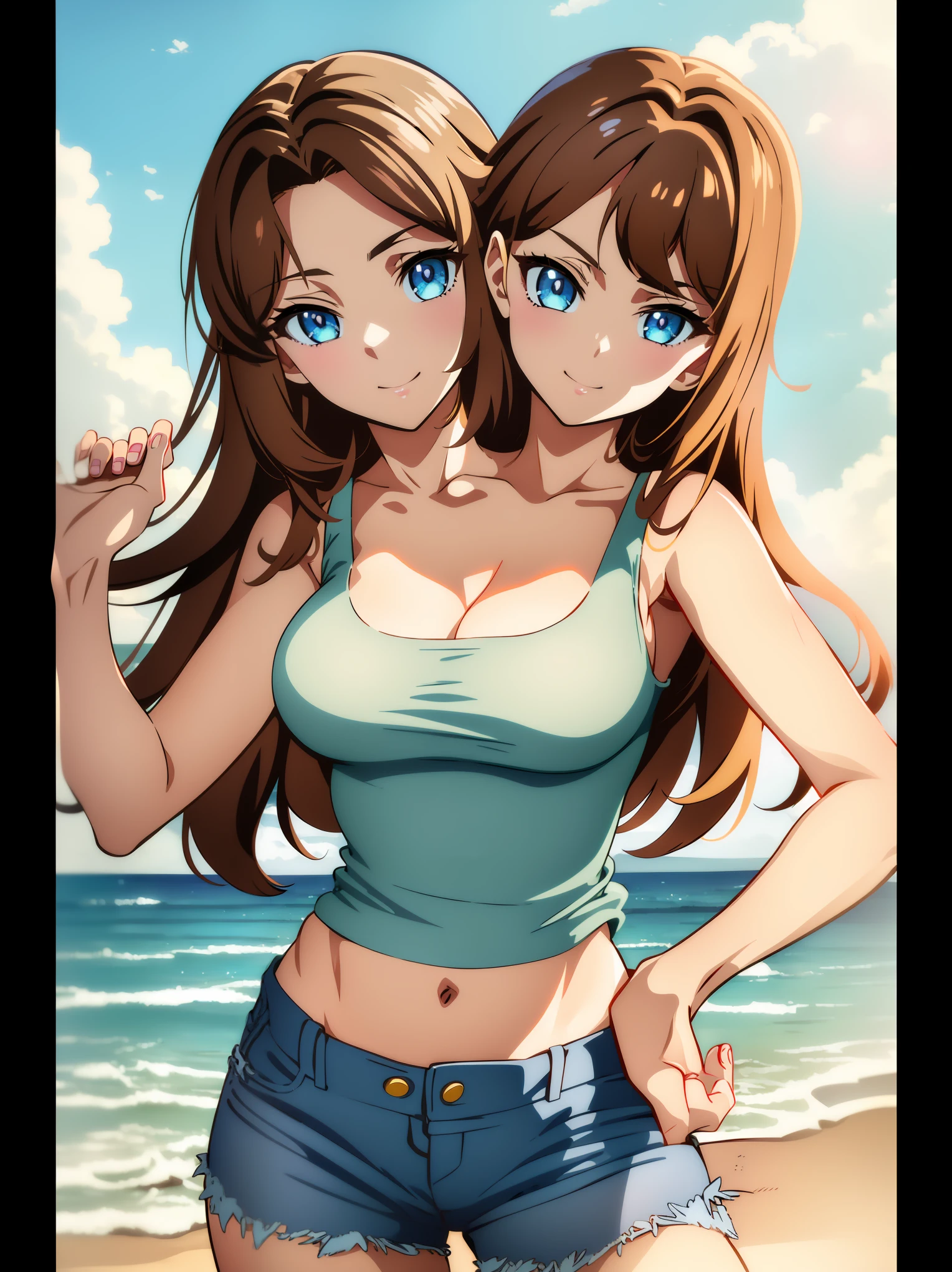 (highest quality, amazing details: 1.25), large breasts, detailed eyes, detailed face, (2heads:1.5), 1girl, anime girl with two heads, tan brown hair color, light blue eyes, seductive, sexy woman, beautiful, ((white tank top)), smiling, exposed midriff, denim jeans