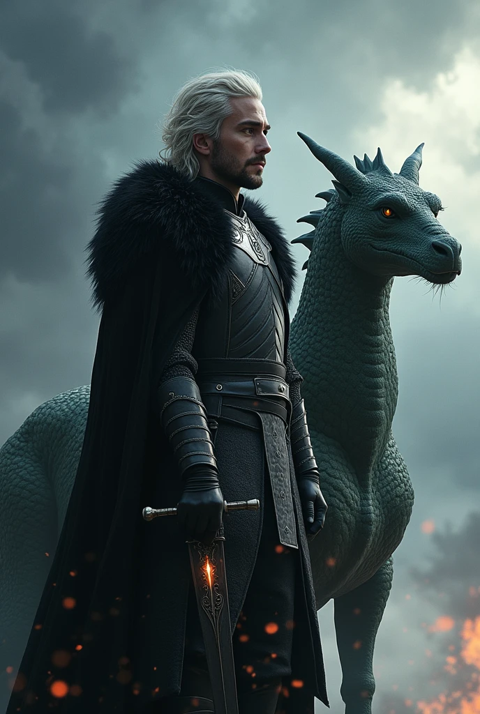 "Depict Jon Snow as Aegon Targaryen, Six of His Name, the Prince That Was Promised. He stands with a commanding presence, wearing dark armor with silver accents, a long black fur cloak draped over his shoulders. His hair is a mixture of dark and silver strands, and his eyes are fierce with determination. In one hand, he holds a Valyrian steel sword with a faint glow, symbolizing his destiny. By his side, Rhaegal, a powerful green dragon with shimmering scales, stands protectively, his wings partially spread and ready to take flight. The background shows a dramatic, stormy sky with hints of fire and ice, representing the duality of Jon's lineage and his role in the prophecy. His expression is intense, as if he is ready to face whatever comes his way, with Rhaegal mirroring his resolve."