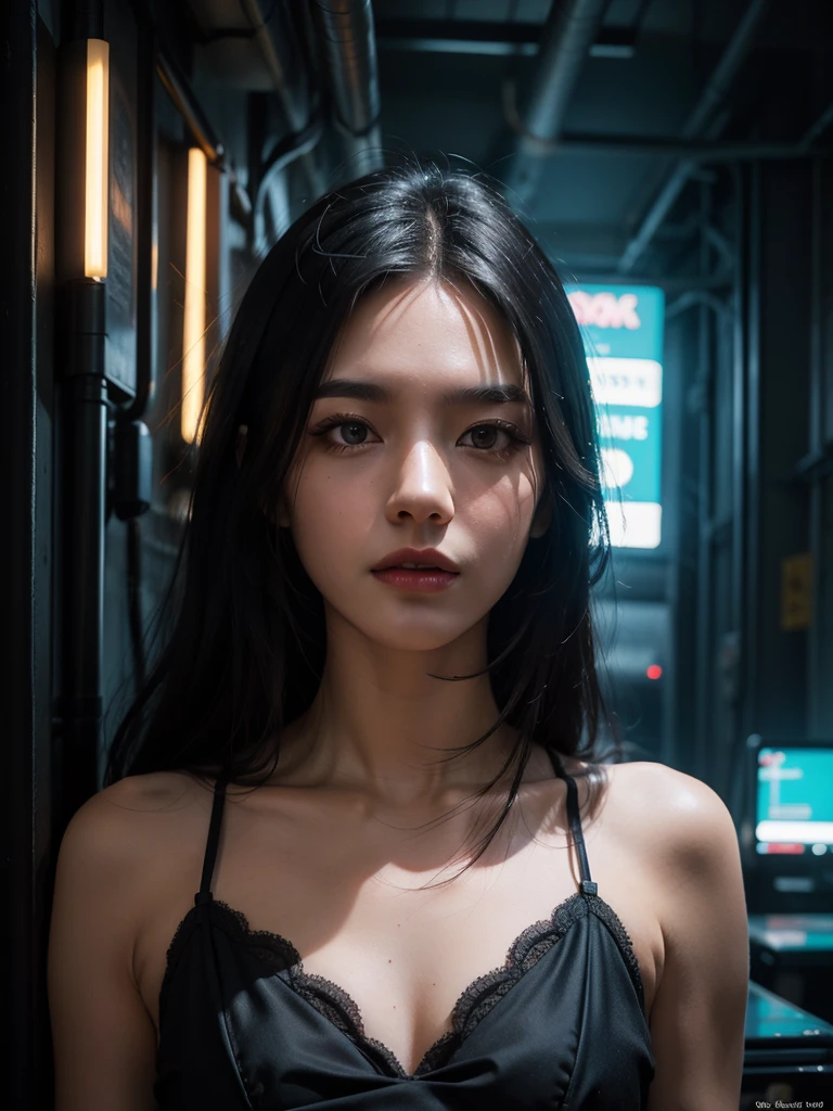 A dark angel woman in a cyberpunk thai dress, beautiful detailed face, piercing eyes, detailed lips, long eyelashes, intricate lingerie, glowing neon cyberpunk city in the background, dramatic lighting, dark moody colors, cinematic composition, highly detailed, 8k, hyper realistic, unreal engine, concept art style