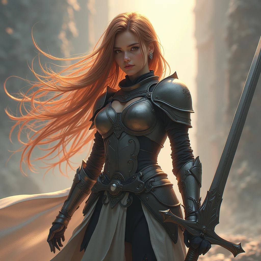 Theme of the game Final Fantasy. Image of a bronze-haired girl standing holding her favorite sword, wearing light armor in black and white, pastel colors, and dramatic tones. A masterpiece with the highest resolution , Image type semi-realistic