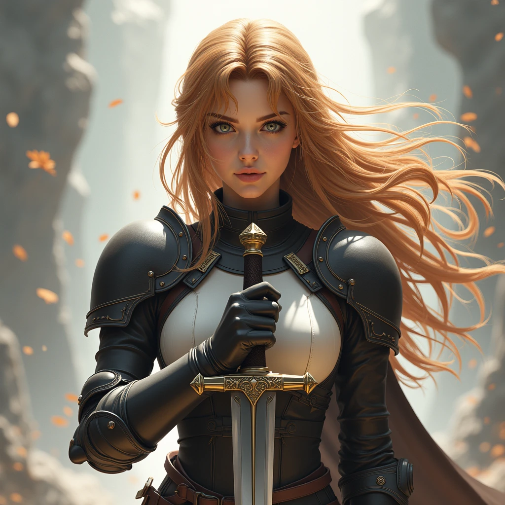 Theme of the game Final Fantasy. Image of a bronze-haired girl standing holding her favorite sword, wearing light armor in black and white, pastel colors, and dramatic tones. A masterpiece with the highest resolution , Image type semi-realistic