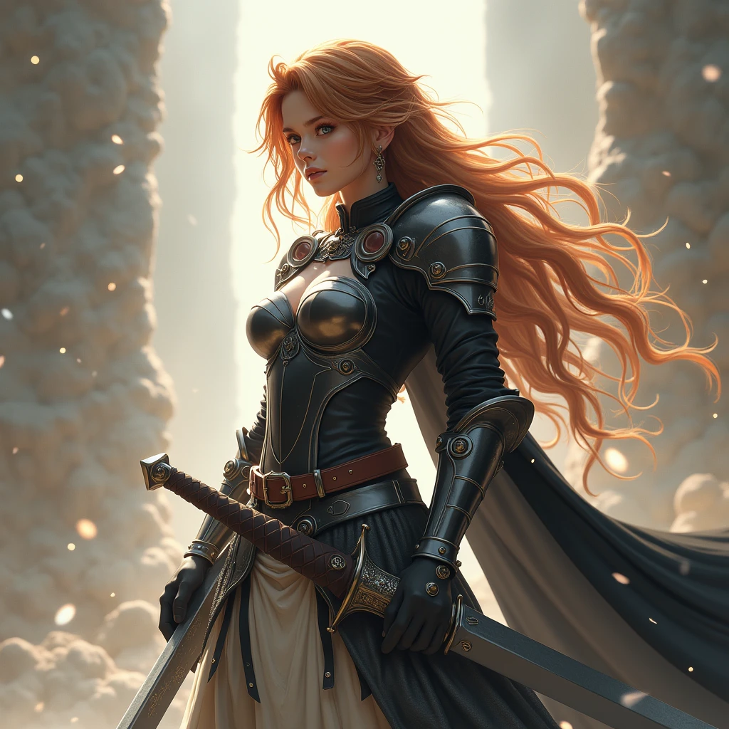Theme of the game Final Fantasy. Image of a bronze-haired girl standing holding her favorite sword, wearing light armor in black and white, pastel colors, and dramatic tones. A masterpiece with the highest resolution , Image type semi-realistic