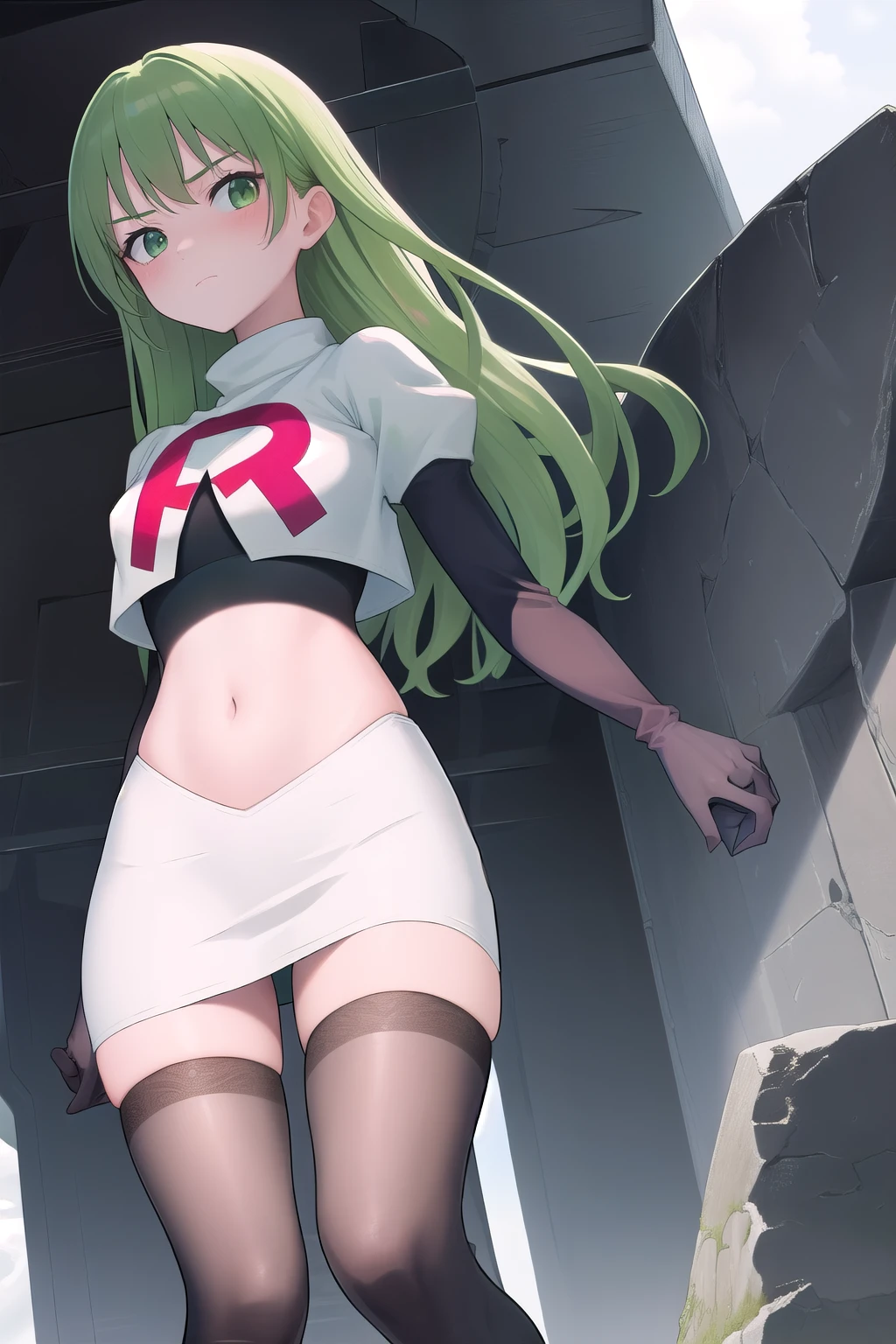 masterpiece, best quality, 1girl, solo, looking at viewer, blush, sitri, green hair,team rocket,team rocket uniform,white skirt,red letter R,crop top,black thigh-highs,black elbow gloves