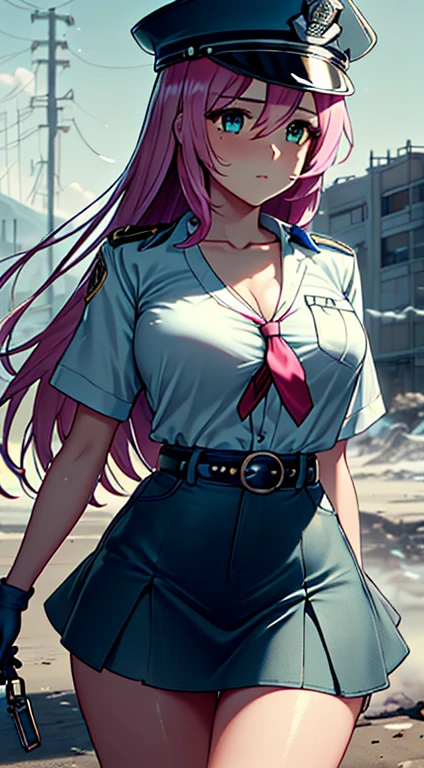 (((Perfect Anatomia, super detailed skin))), 1 girl, Japanese, Policerman, shining skin, breasts big:0.5, looking away, staring overhead, Observing the view,
cute hair, beautiful face, beautiful detailed eyes, (long hair), pink hair, bangss, hair between the eyes, Eyes green,
beautiful collarbone, Body cute, beautiful chest, beautiful thighs, beautiful legs, face, mole under the eye,
((Police Uniform, light blue short sleeve shirt, navy blue tie, high waist mini skirt), belt, whitegloves, police hat, shackles), seductive thighs,
(((aiming at viewer, holding pistol, handgun))), ,
(beautiful scenery), wasteland, city on fire,
8k, top-quality, masterpiece:1.2, extremely detaild),