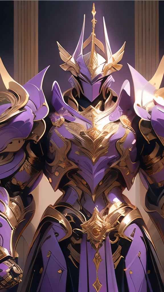 a painting of a man in armor holding a sword, purple armor, by Roman Bezpalkiv, gold heavy armor. dramatic, by Carlos Berlanga, by Auseklis Ozols, sleek purple armor, by Wladyslaw Strzeminski, ares with heavy armor and sword, powerful warrior, by Slawomir Maniak