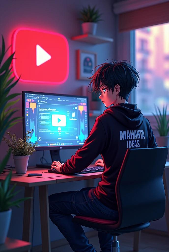 Create a image of
"A 18 years anime boy,
sitting in front of a computer desk
with a microphone and laptop,
wearing black and red hoodie
with the Channel Name on it "MAHANTA IDEAS".
The background includes
a large YouTube logo on the wall,
potted plants on either side,
and various recording equipment.
