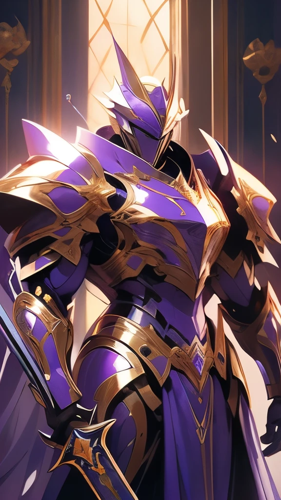 a painting of a man in armor holding a sword, purple armor, by Roman Bezpalkiv, gold heavy armor. dramatic, by Carlos Berlanga, by Auseklis Ozols, sleek purple armor, by Wladyslaw Strzeminski, ares with heavy armor and sword, powerful warrior, by Slawomir Maniak