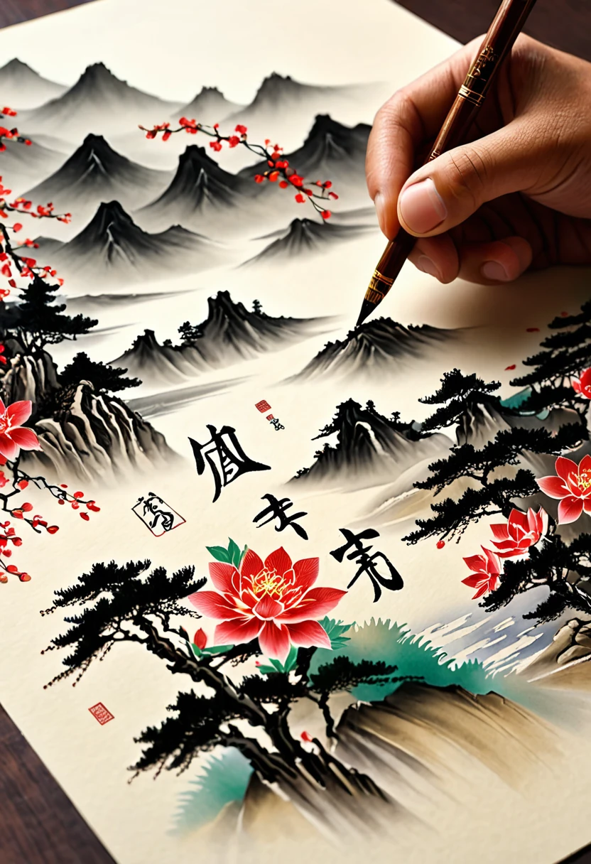 Shodô, Muni d'un pinceau et d'encre de Chine, le calligraphe trace un idéogramme japonais sur du papier parchemin, art ancestrale de la calligraphie, trait artistique,idéogramme finement exécuté, idéogramme extrêmement détaillé et précis, idéogramme sur parchemin, masterpiece,  intricate,  Hyperréaliste, la plus haute qualité, la plus haute qualité, Résolution 8k, Cinématique, Éclairage dramatique, Extrêmement clair, masterpiece surréaliste à couper le souffle