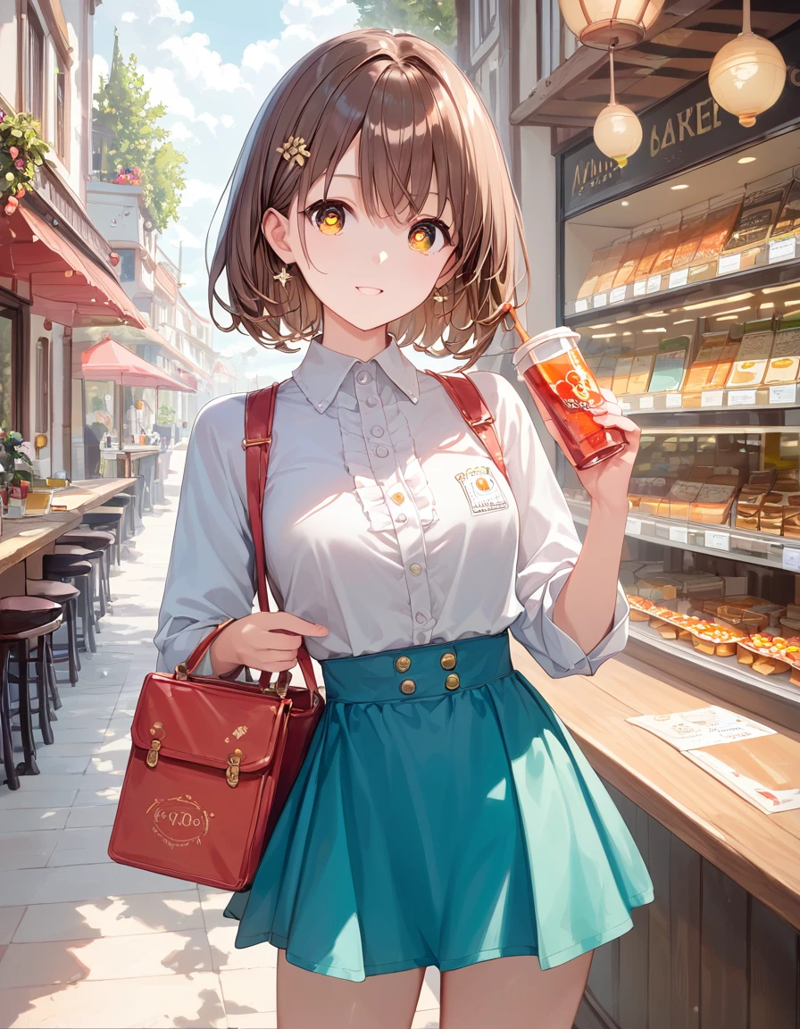 score_9, score_8_wonderful, score_7_wonderful,sauce_anime, High-resolution images,masterpiece,Highest quality,Orthodox beautiful girl,Cute Face,Brown Hair, Beautiful Skin,Shiny Hair,Highly detailed eyes,Cafe Background、mini skirt