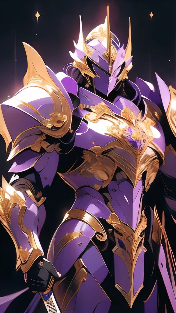a painting of a man in armor holding a sword, purple armor, by Roman Bezpalkiv, gold heavy armor. dramatic, by Carlos Berlanga, by Auseklis Ozols, sleek purple armor, by Wladyslaw Strzeminski, ares with heavy armor and sword, powerful warrior, by Slawomir Maniak