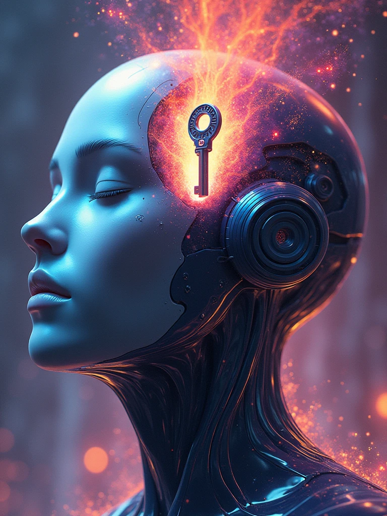 humanoid head ,mind being opened , by futuristic key , key to knowledge , curiosity key , with vibrant colors , bright coloured , pschidec background